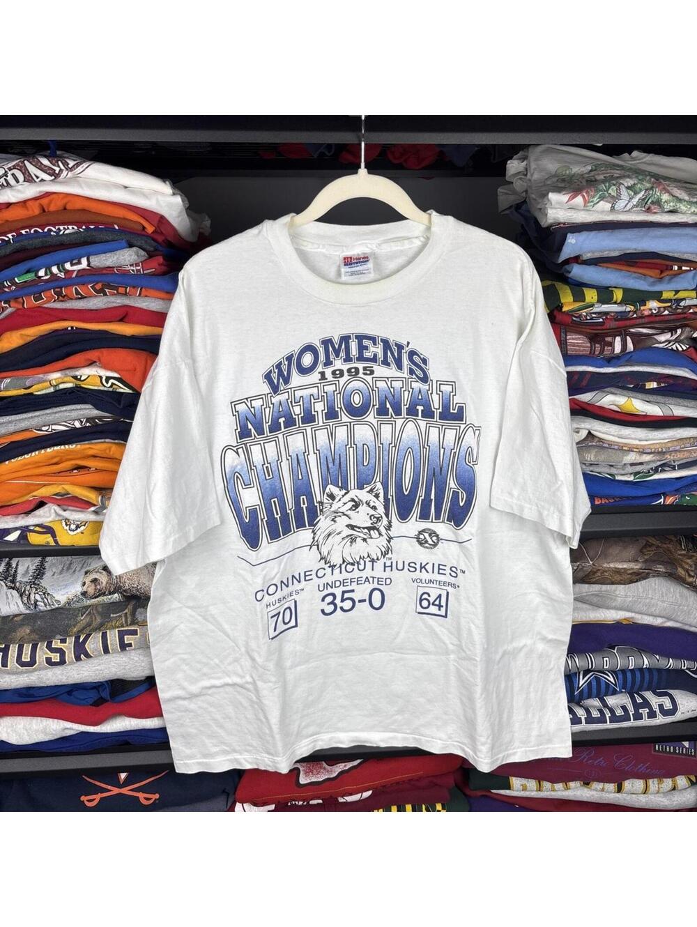 Vintage 90s UConn Huskies 1995 National Champions T Shirt White Sz XXL